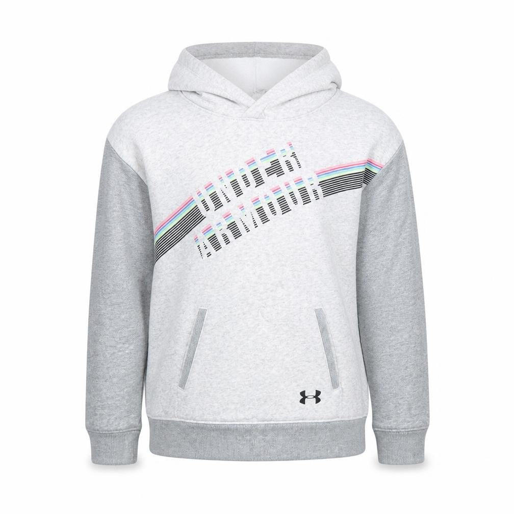 Front view of Under Armour girls’ grey pullover hoodie, size 10-11, years