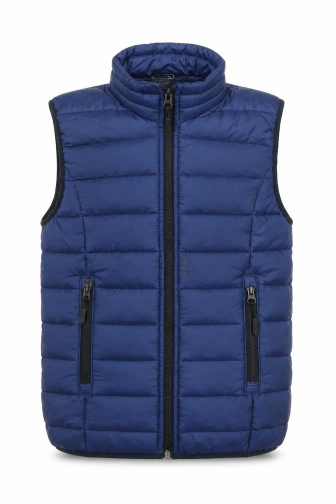 Front view of The North Face boys’ blue puffer vest, size 5
