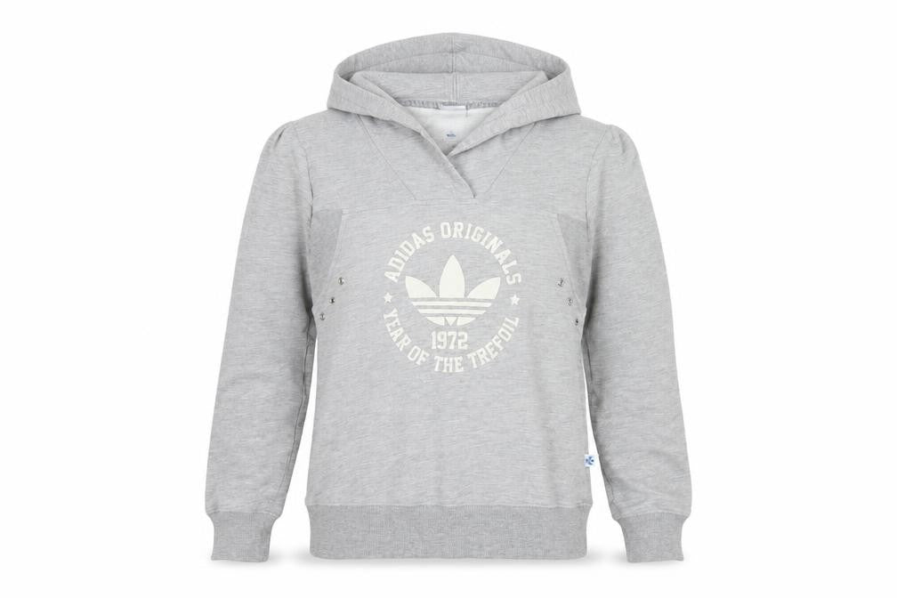 Front view of Adidas Women's Grey Pullover Hoodie, size 4