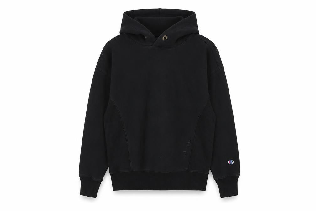 Front view of Champion unisex black pullover hoodie xs