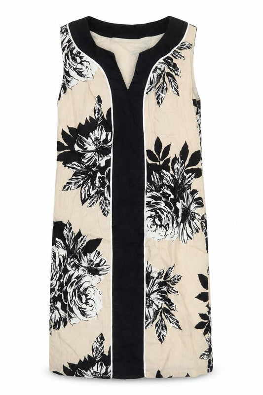 Front view of Laura Ashley Women's Beige Black Floral Shift Dress UK 10