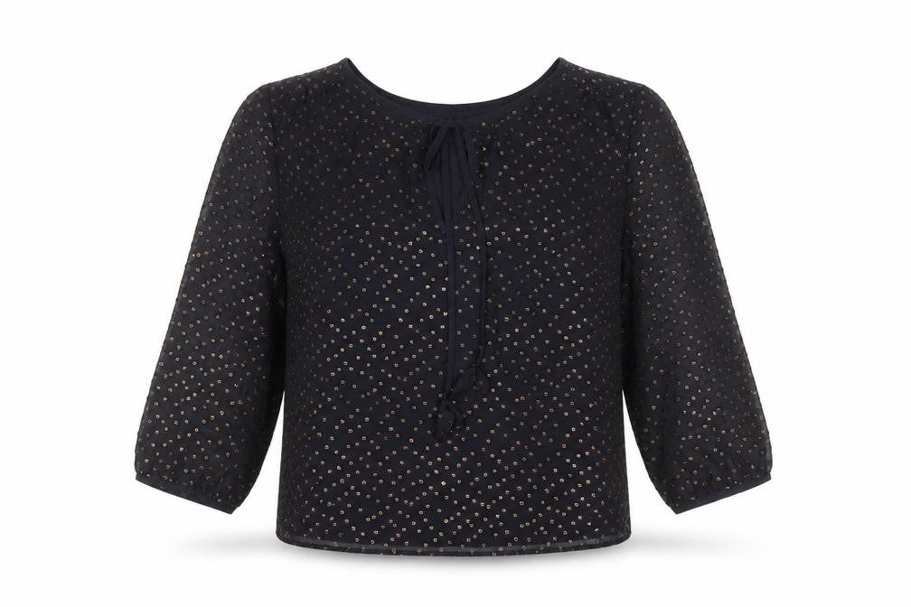 Front view of Hush Women's Black Polka Dot Blouse, size 10