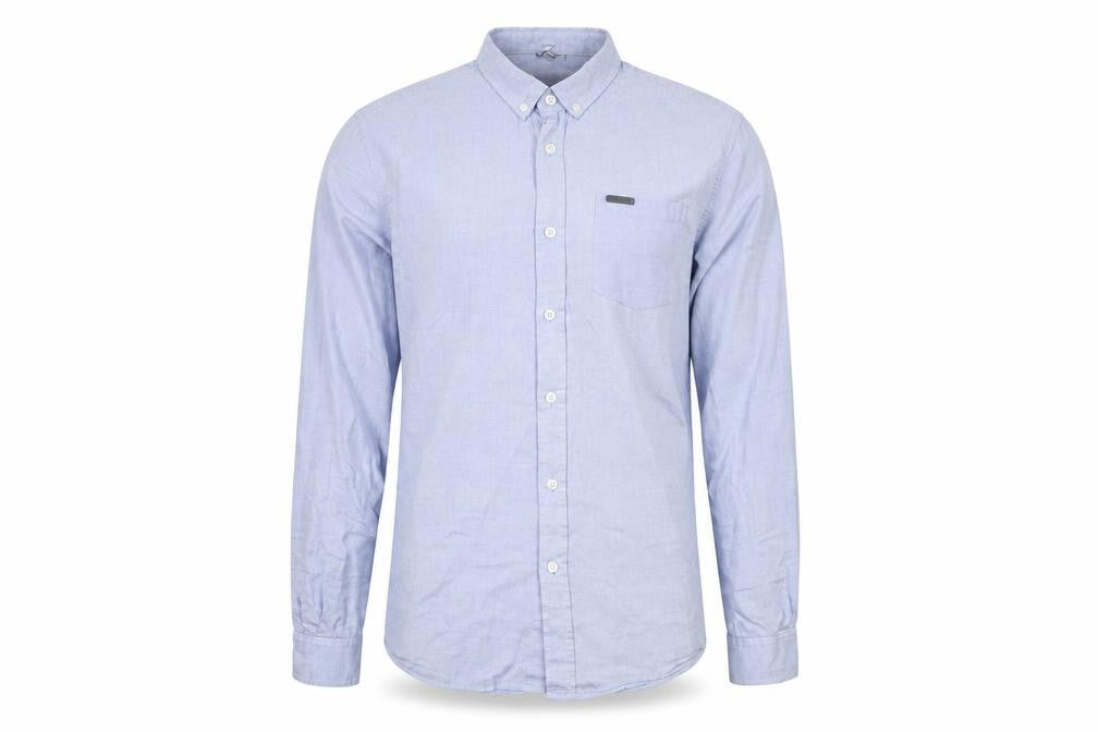 Front view of Firetrap Men's Blue Button-Up Shirt, size S, Casual Style