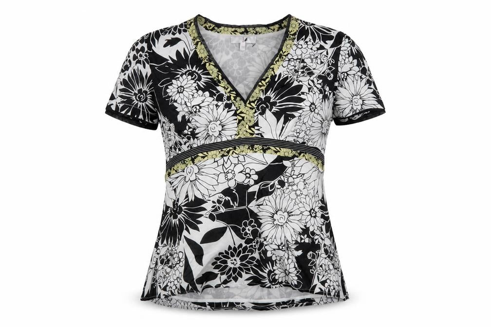 Front view of Jasper Conran women’s black floral wrap blouse, size UK 10