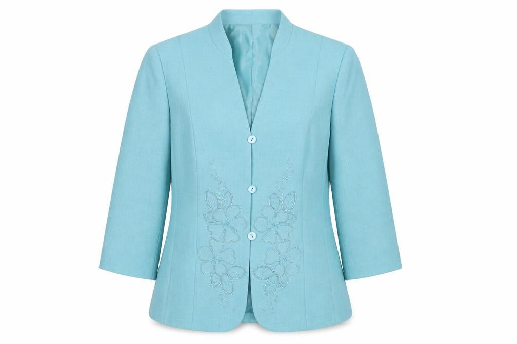 Front view of Eastex Women's Blue Floral Blazer, size 10