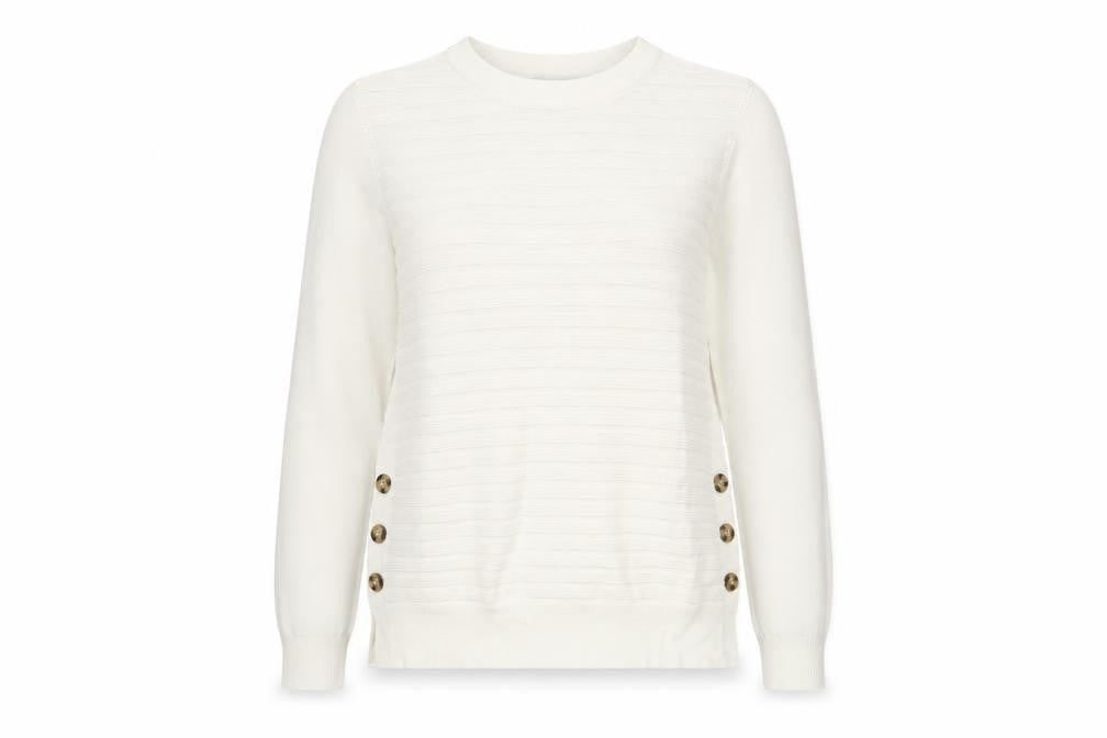 Front view of Oasis Women's Ivory jumper M Button Detail