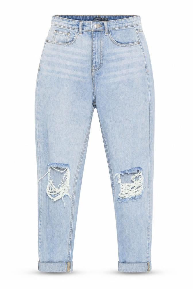 Front view of Boohoo Women's Light Blue Distressed Mom Jeans, size 6