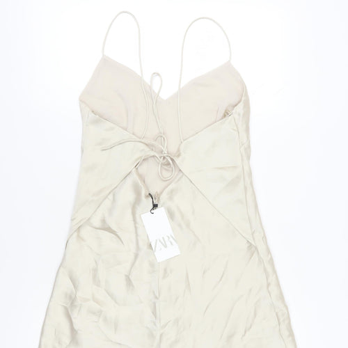 Zara Women Beige Slip Dress, Size 12, V-Neck, Party