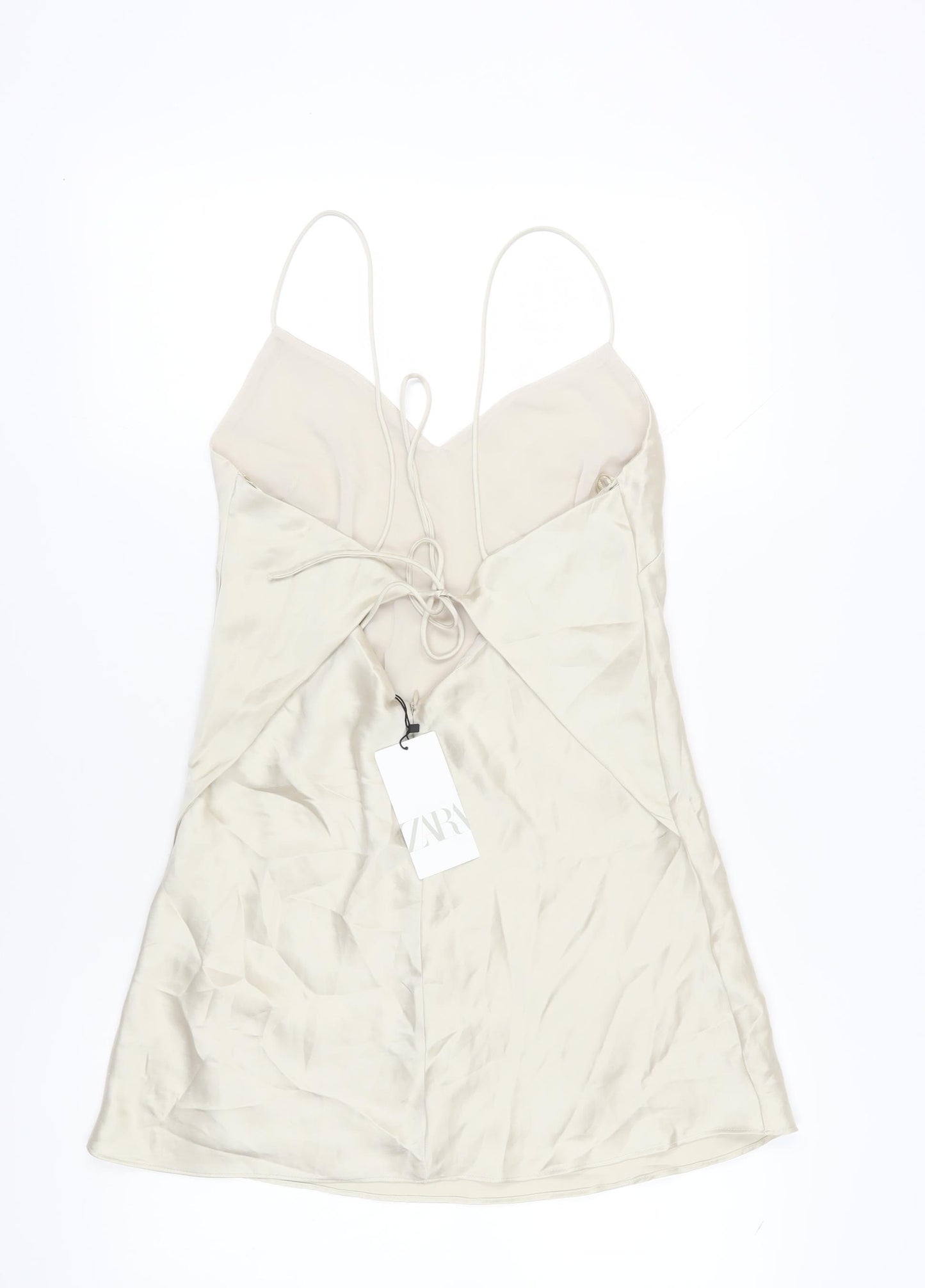 Zara Women Beige Slip Dress, Size 12, V-Neck, Party