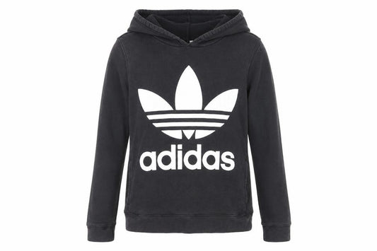 Front view of Adidas unisex black pullover hoodie, size 12, sporty logo