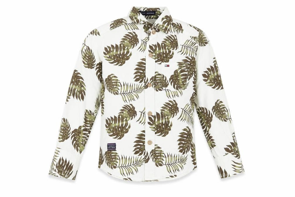 Front view of Tommy Hilfiger boys’ white floral button-up shirt, 14 years