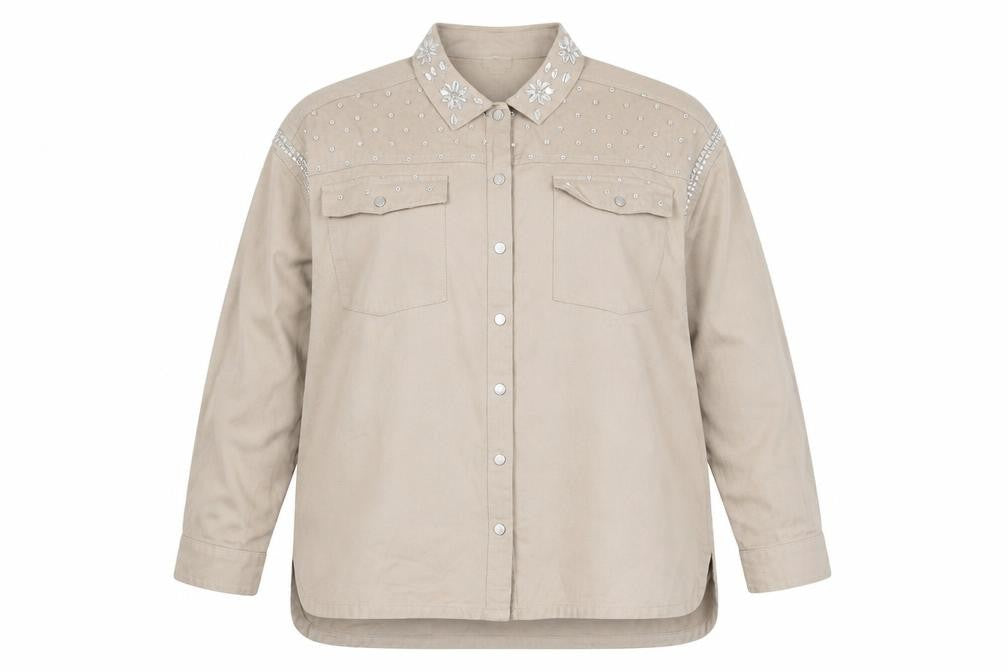 Front view of River Island Teens Beige Embroidered Button-Up Shirt