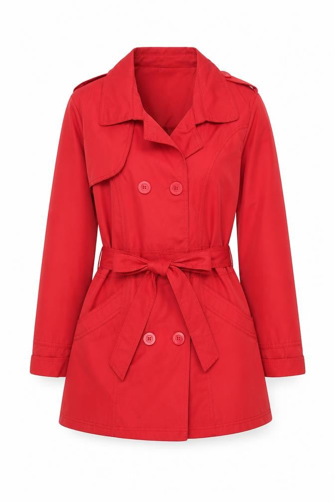 Front view of JS Women's Red Trench Coat, size 10, Belted Classic Style