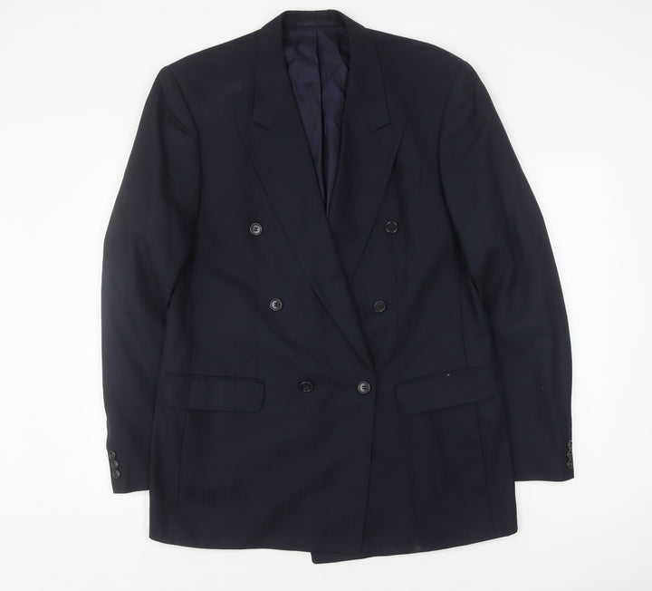 Baumler Men's Black Double Breasted Striped Tweed Suit Jacket Size 42.5