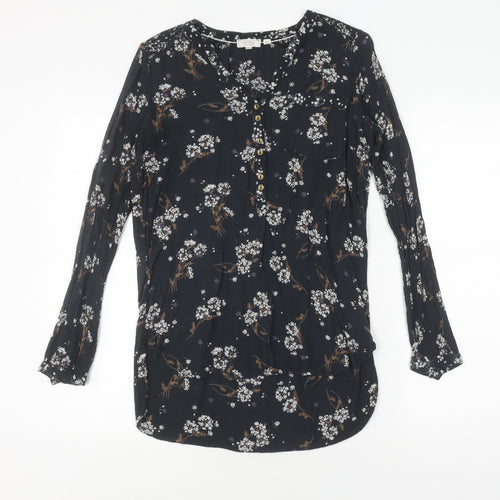 Fat Face Women's Black Floral V-Neck Blouse UK 6