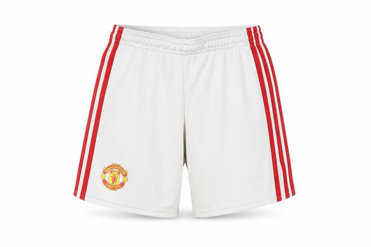 Front view of Adidas boys’' white manchester united athletic shorts 5-6 years