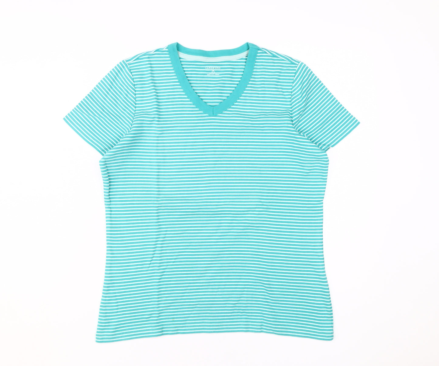 Lands' End Women's Blue Striped V-Neck T-Shirt Size 12