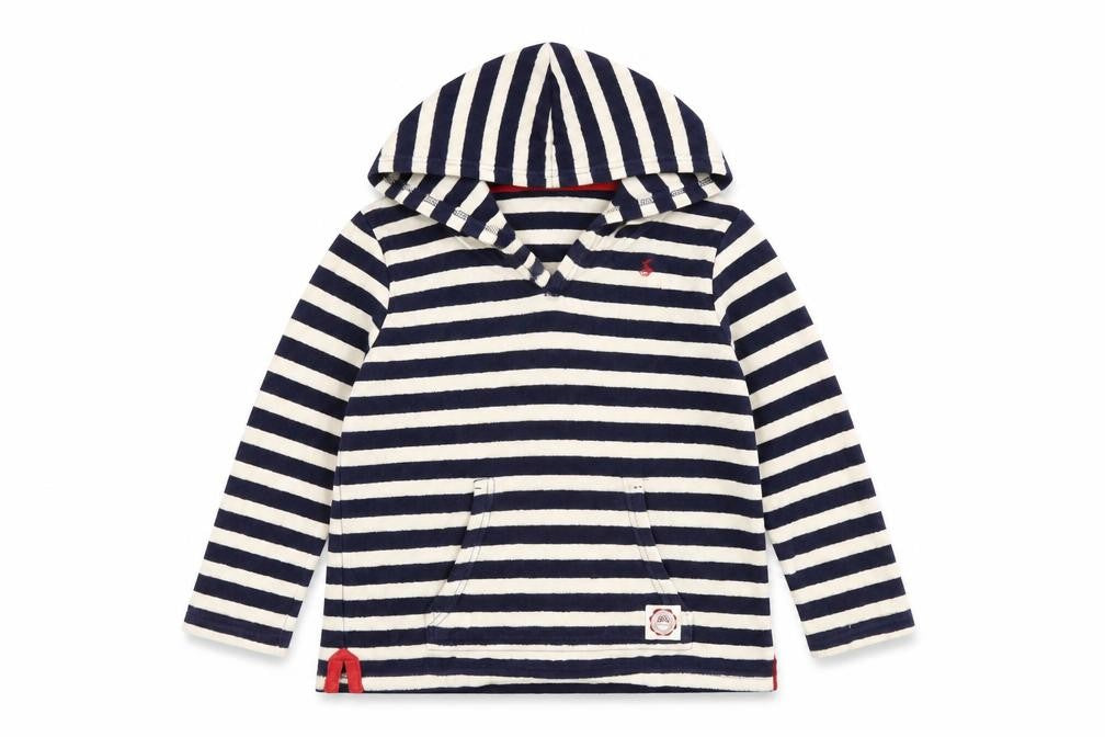Front view of Joules girls’ blue striped pullover hoodie 9-10 years