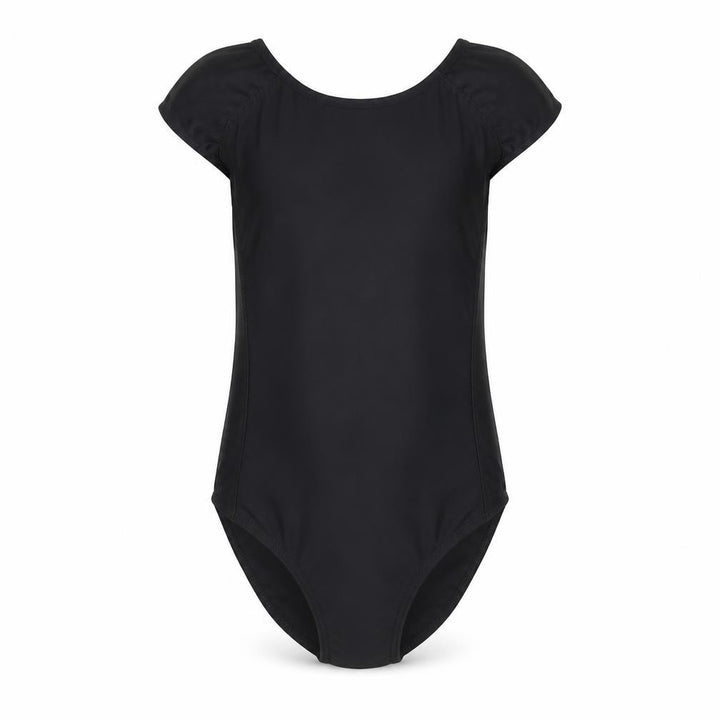 Front view of Decathlon girls’ black one piece swimsuit, size 12