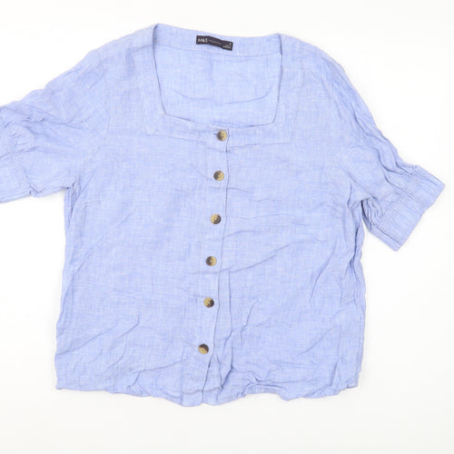 Marks and Spencer Women's Blue Linen Button-Up Shirt