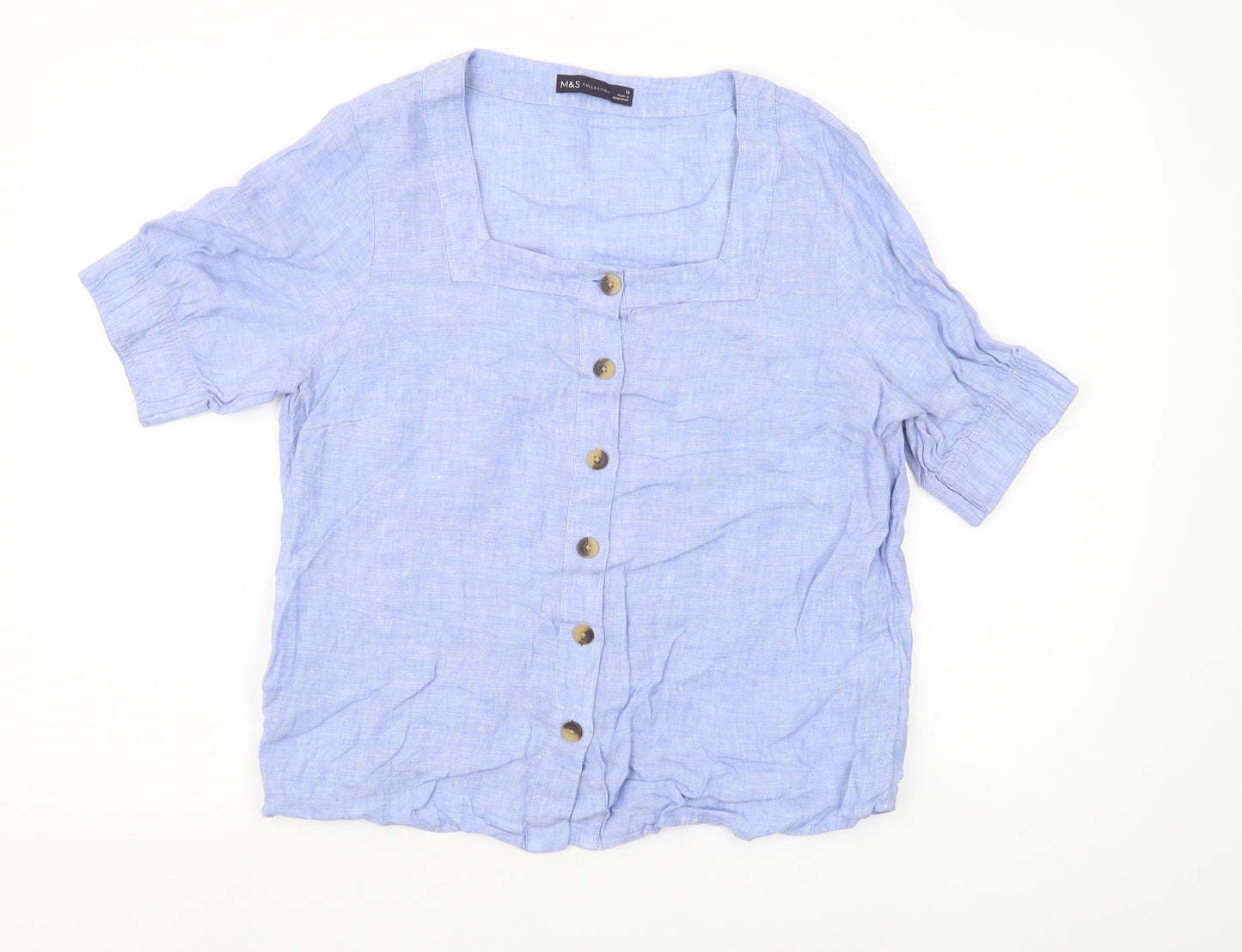 Marks and Spencer Women's Blue Linen Button-Up Shirt