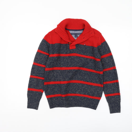 Tommy Hilfiger Boys Red Grey Striped Pullover Jumper M