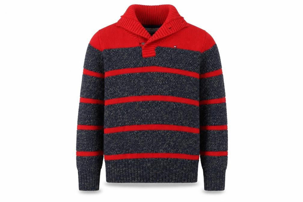 Front view of Tommy Hilfiger boys’ red grey striped jumper m