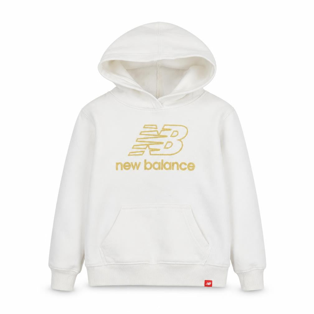 Front view of New Balance girls’ white hoodie, size 5-6, years pullover