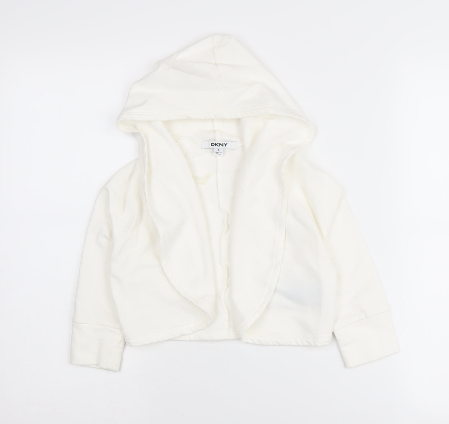 DKNY Girls White Hooded Cardigan, Size 4 Years, Cotton Blend