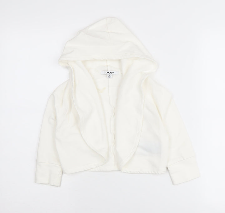DKNY Girls White Hooded Cardigan, Size 4 Years, Cotton Blend