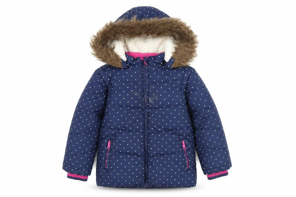 Front view of John Lewis girls’ blue spotted puffer jacket 5 years