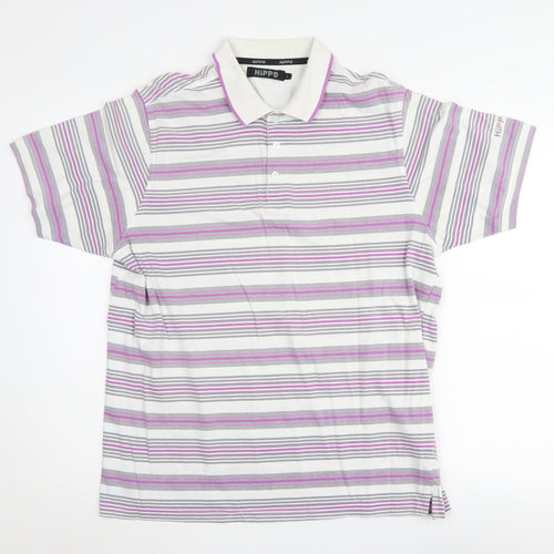 Hippo Men's Purple Striped Polo Shirt - Size L, 100% Cotton