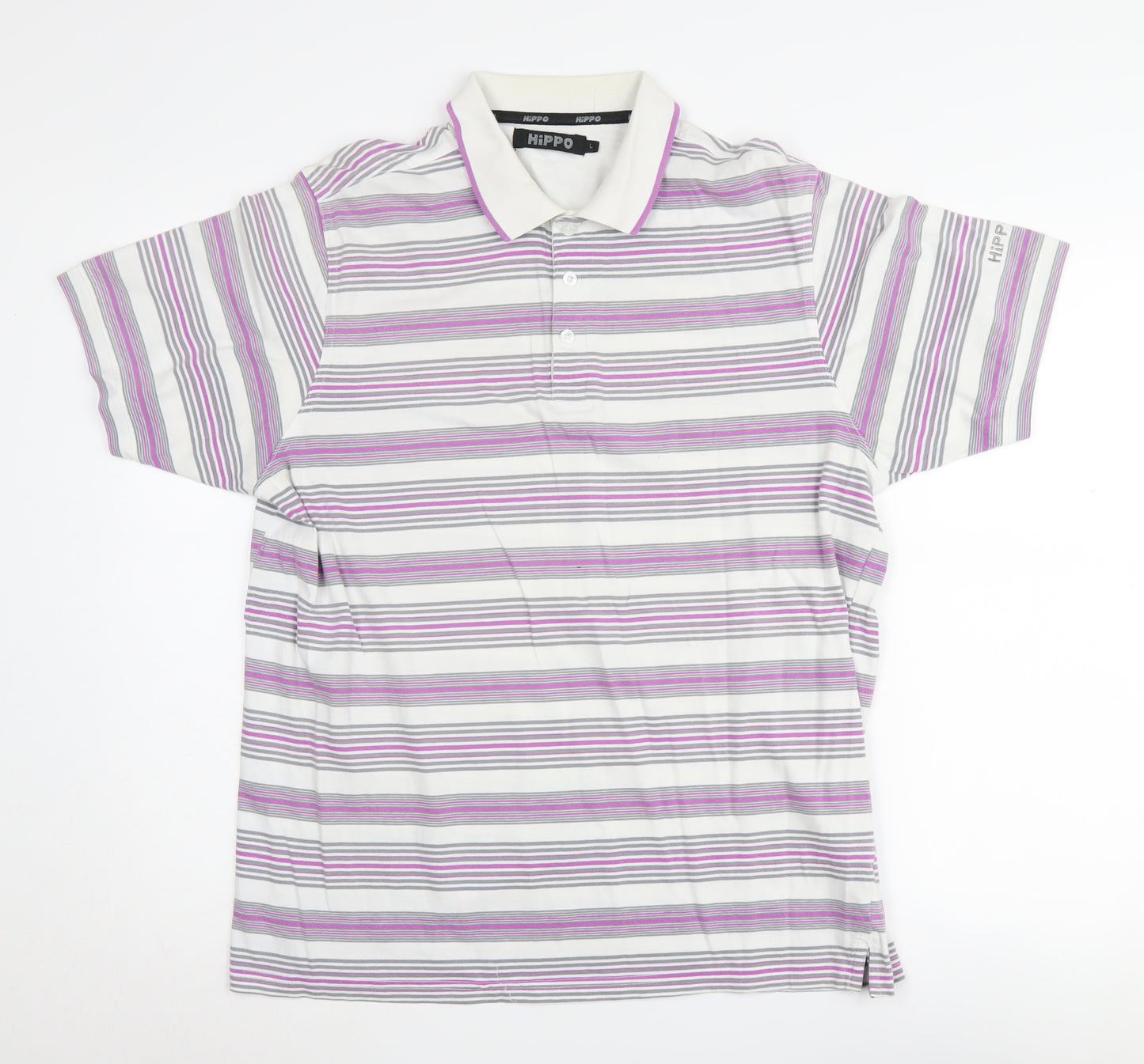 Hippo Men's Purple Striped Polo Shirt - Size L, 100% Cotton
