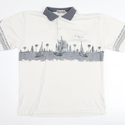 On Stage Men's XL White Nautical Polo Shirt