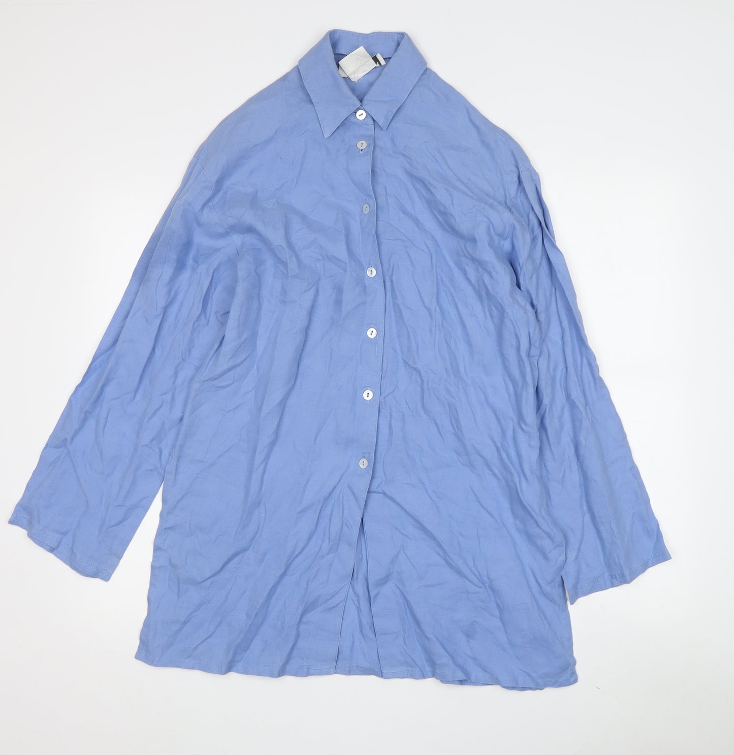 Jaeger Women's Blue Linen Button-Up Shirt - Medium