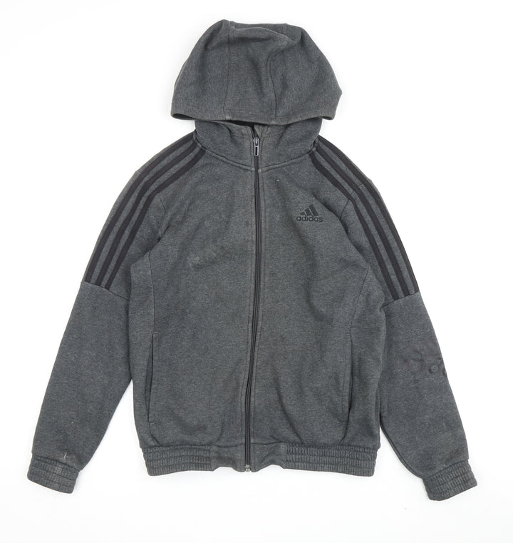 Adidas Boys Grey Full Zip Hoodie, 11-12 Years, Hooded, Excellent