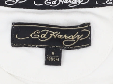 Ed Hardy Girls White T-Shirt, Size 8 Years, Graphic Embroidered