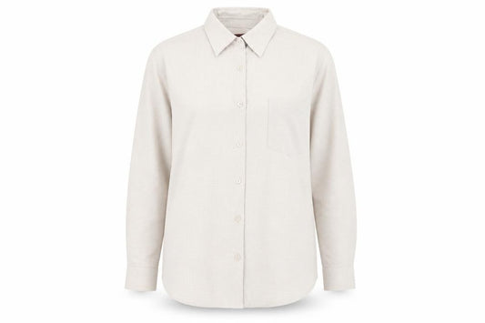 Front view of Trader Women's Beige Classic Button-Up Shirt, size 14