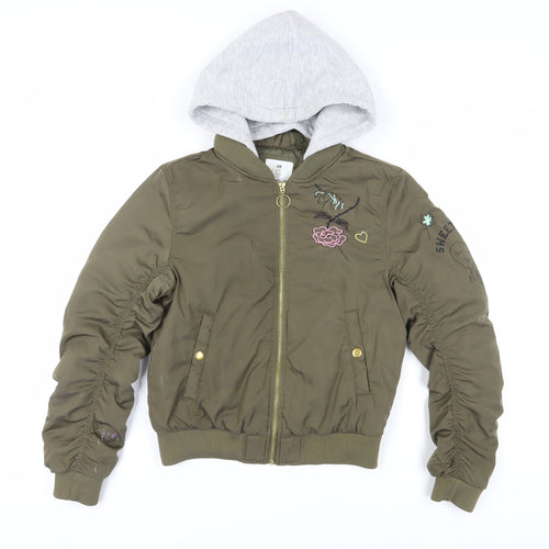 H&M Girls Green Bomber Jacket with Hood, Size 11-12 Years