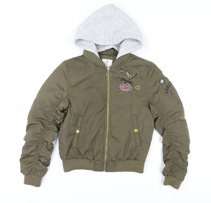 H&M Girls Green Bomber Jacket with Hood, Size 11-12 Years