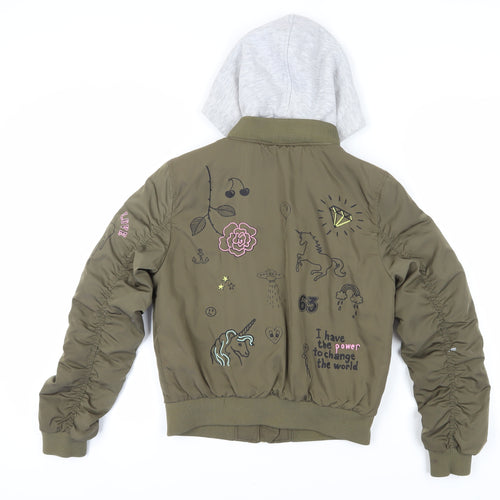 H&M Girls Green Bomber Jacket with Hood, Size 11-12 Years