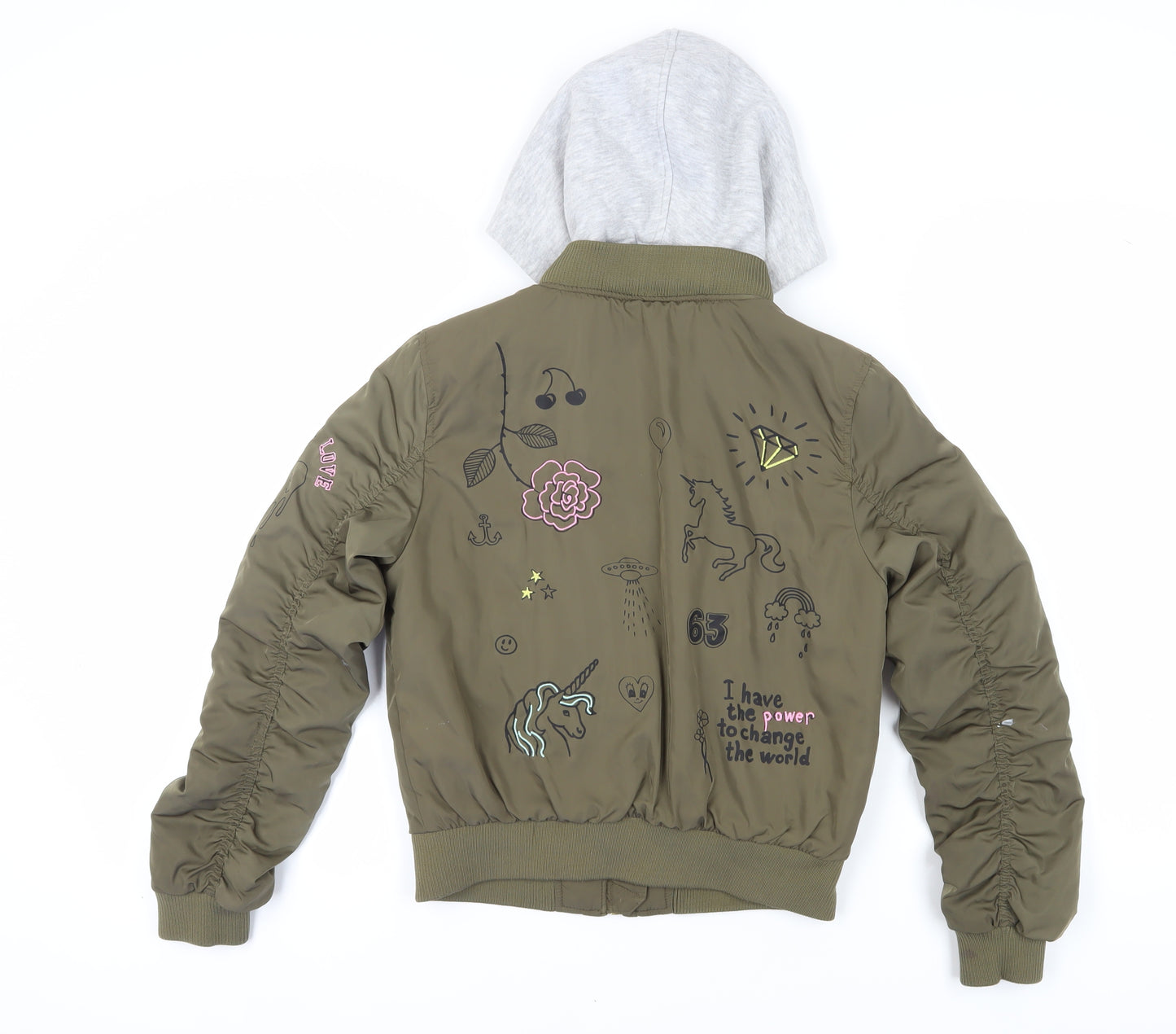 H&M Girls Green Bomber Jacket with Hood, Size 11-12 Years