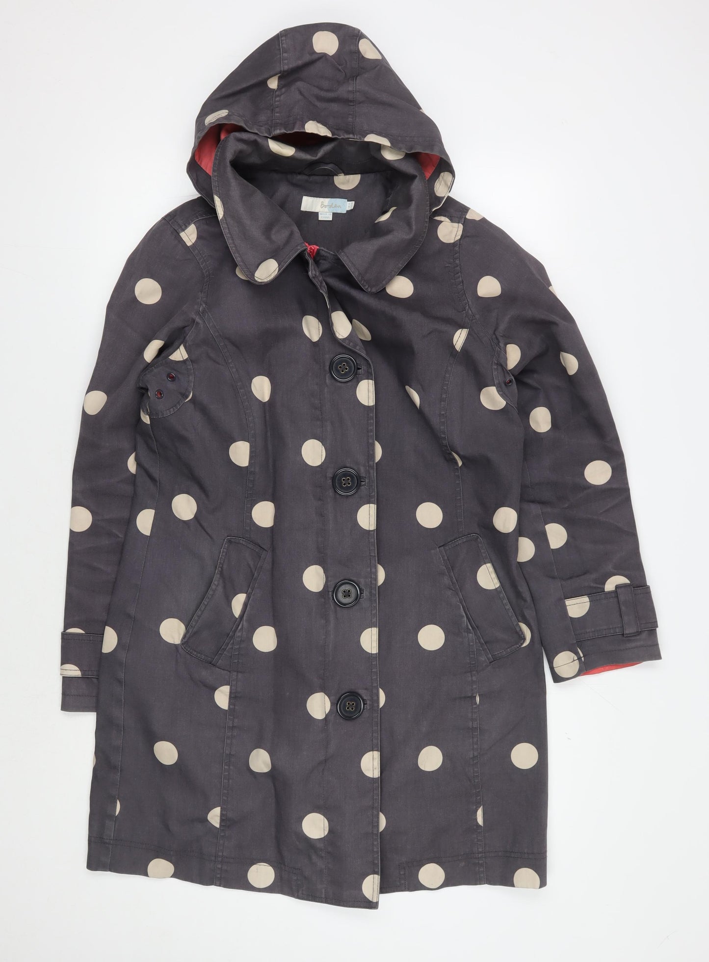 Boden Women's Black Polka Dot Hooded Rain Coat Size 12
