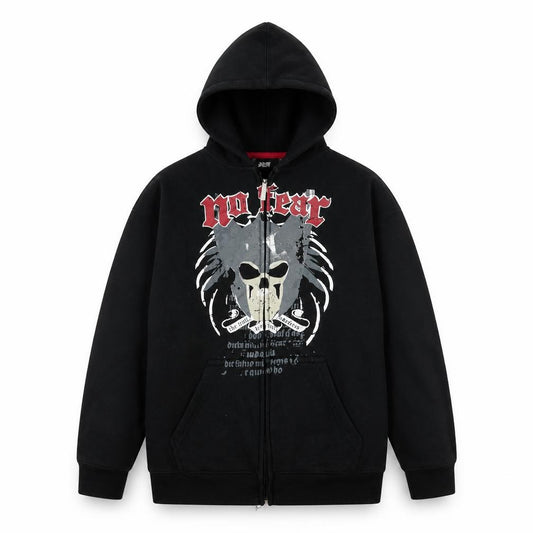 Front view of No Fear boys’ black full zip hoodie with graphic print - 13 years