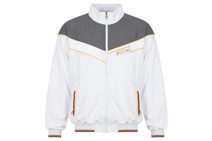 Front view of GSSTORE unisex white track jacket 2xl full zip