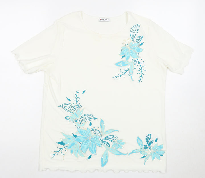 Damart Women's White Floral T-Shirt, Size 12, Embroidered Detail
