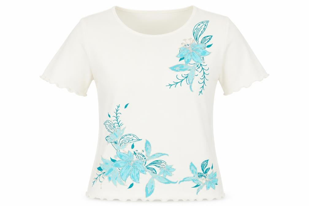 Damart Women's White Floral T-Shirt, Size 12, Embroidered Detail
