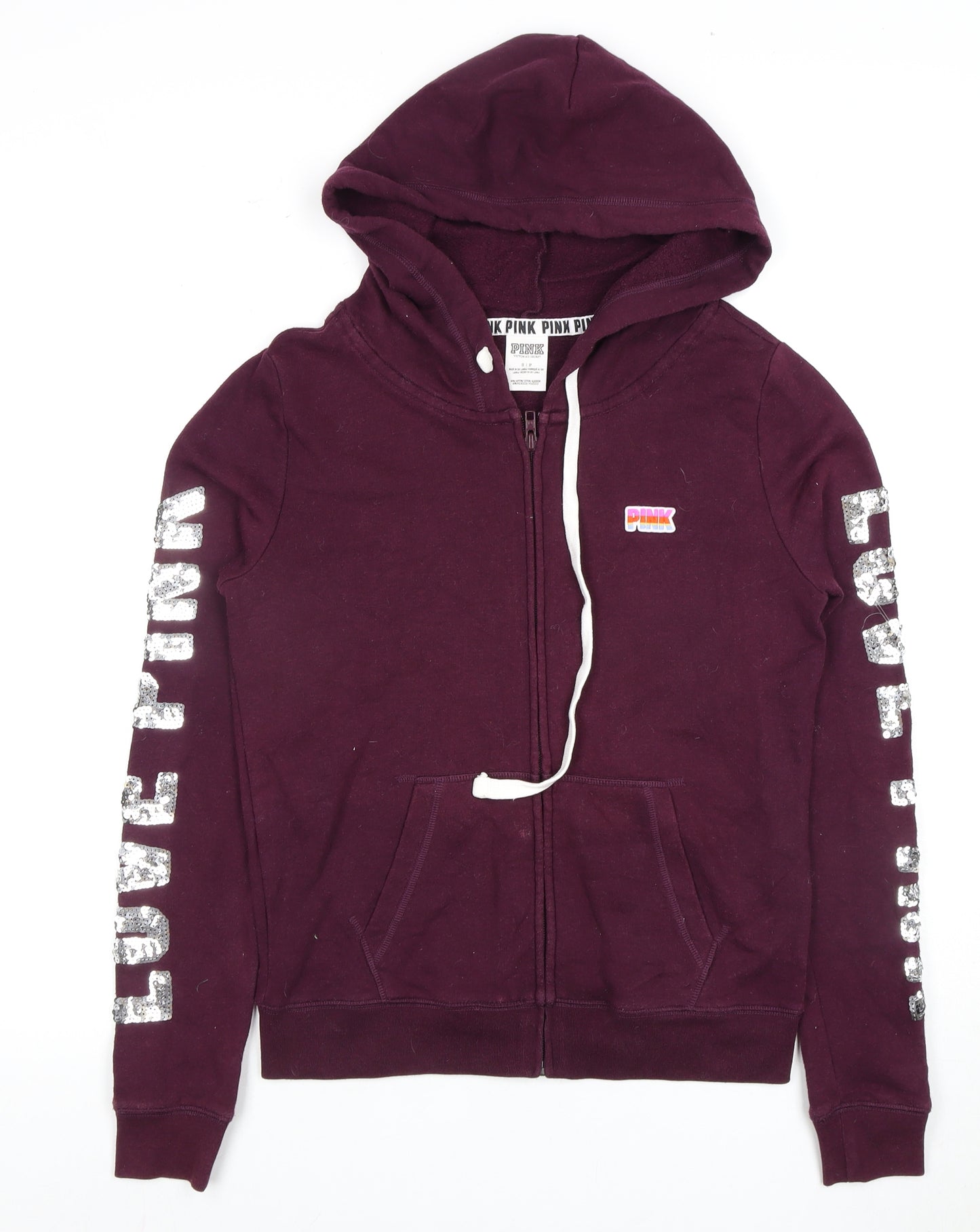 PINK Women's Purple Full Zip Hoodie, S, Sequin Accents