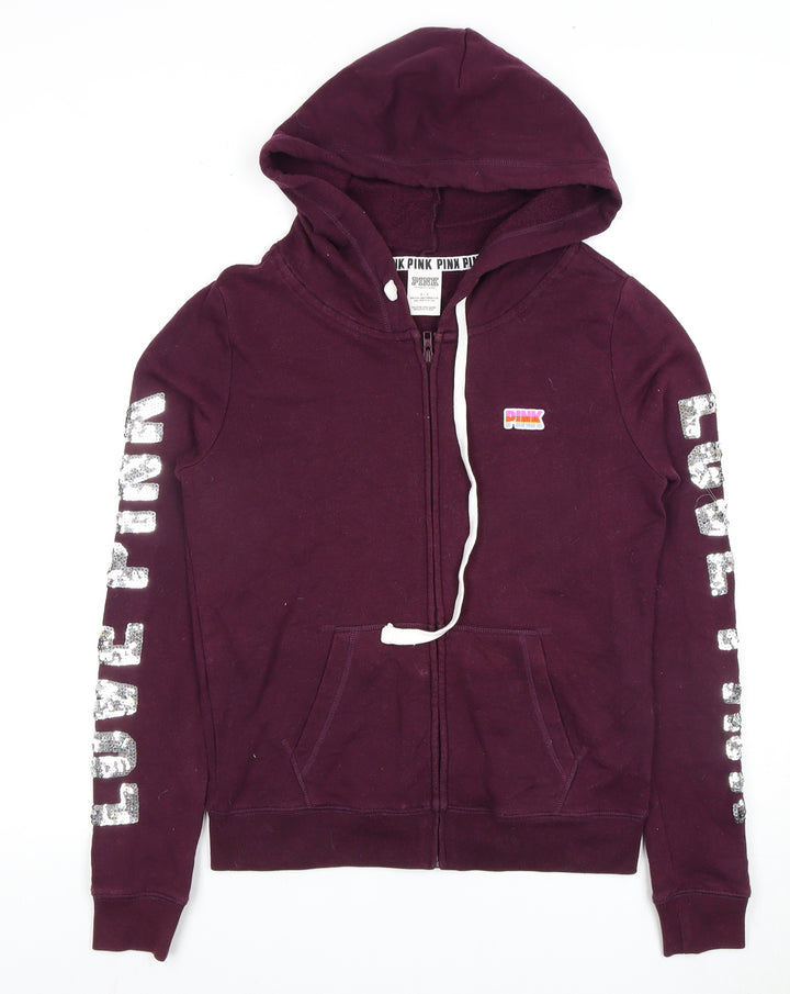 PINK Women's Purple Full Zip Hoodie, S, Sequin Accents