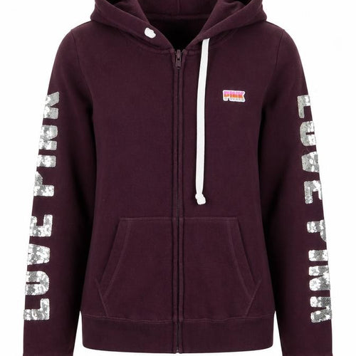 PINK Women's Purple Full Zip Hoodie, S, Sequin Accents